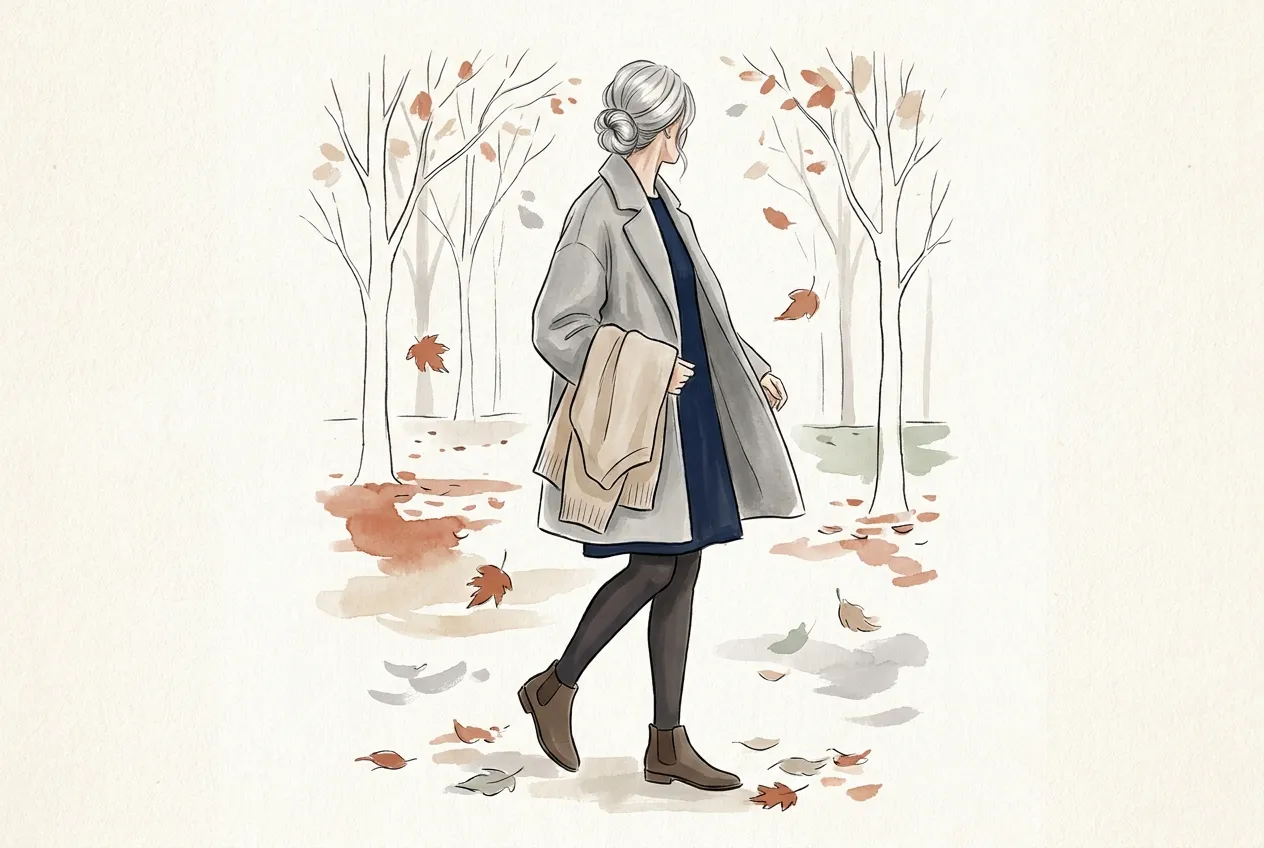 Illustration à l'encre et à la gouache : une femme aux cheveux argentés en chignon traverse un parc en automne, en manteau de lainage gris ouvert sur une robe droite marine, collants foncés et bottines marron, un gilet beige sur le bras.