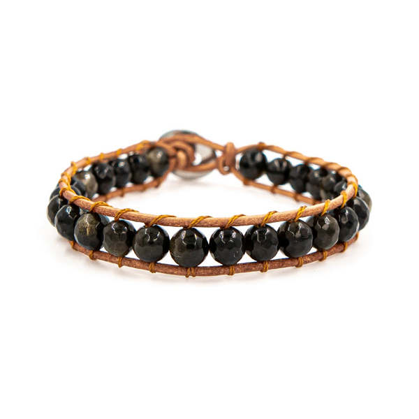 SLOYA Bracelet Facelia En Pierres Obsidienne Et Cuir Vritable Noir 1039388