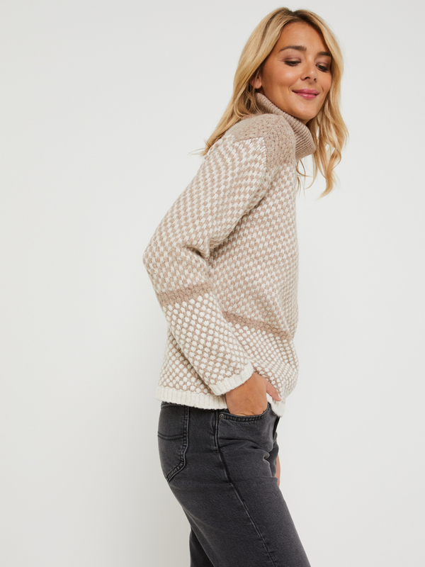 STREET ONE Pull Col Roul Fantaisie Jacquard Beige