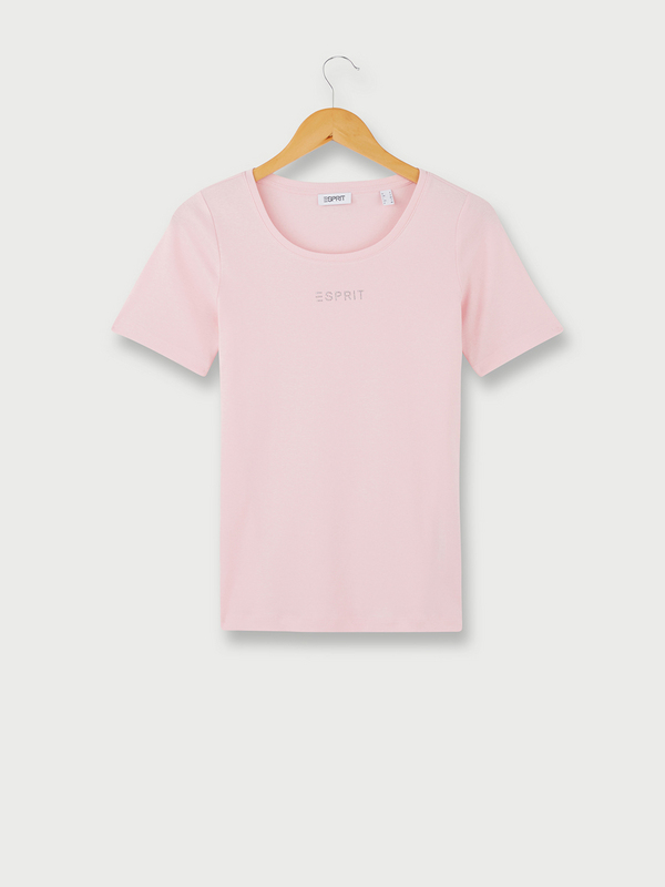 ESPRIT Tee-shirt Uni Manches Courte, Col Rond, Logo Strass Rose