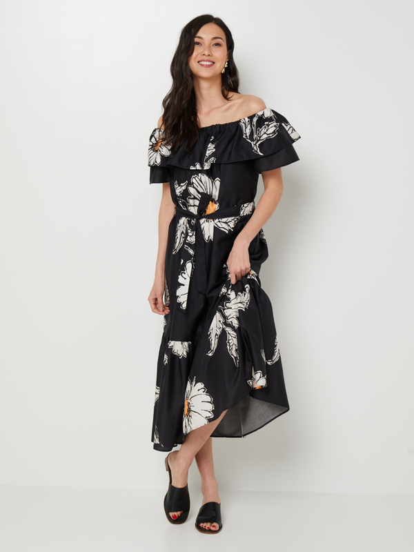 DESIGUAL Robe Longue Imprime Fleurs Encolure Bardot Noir 1085865