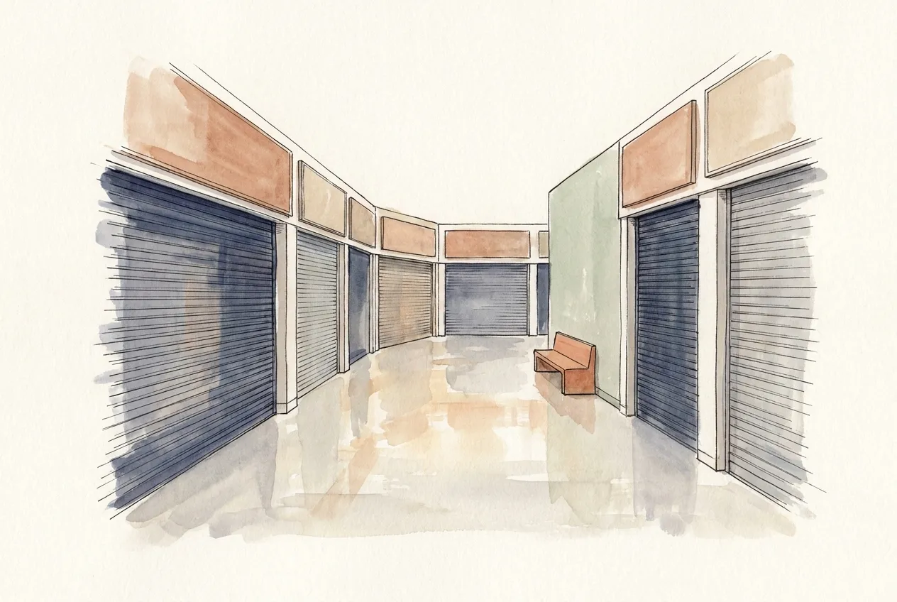 Illustration à l'encre et à la gouache : une galerie marchande déserte aux rideaux métalliques baissés et aux bandeaux vides, un banc terre cuite et un sol luisant de reflets.
