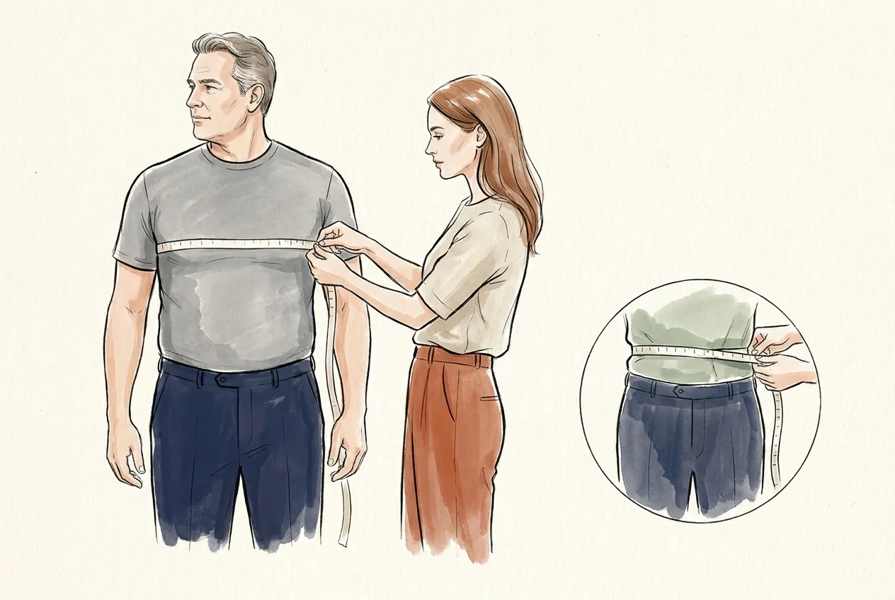 Illustration à l'encre et à la gouache : une femme passe un mètre ruban à plat autour de la poitrine d'un homme aux cheveux gris en tee-shirt gris, avec en médaillon le ruban placé au creux de la taille.